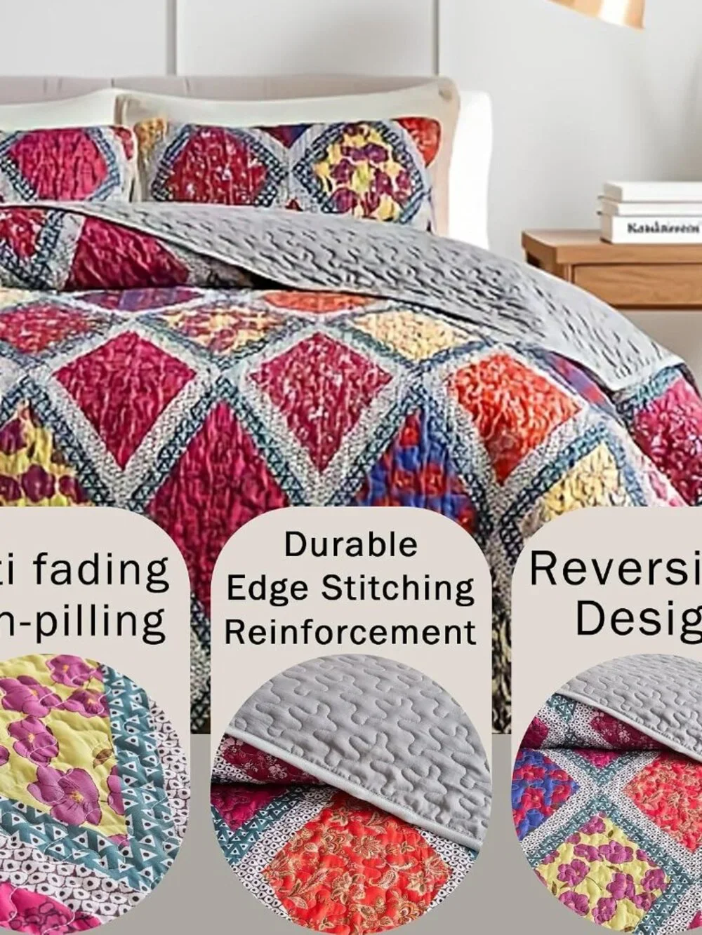 Queen Size Patchwork Quilt Set Boho Floral Geometric Bedspread Coverlet Soft Mic